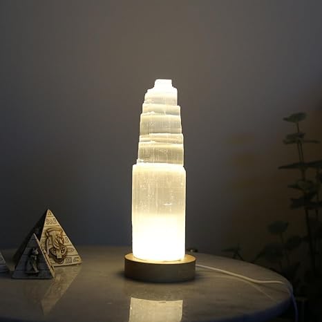 4All Selenite Crystal Rock LED USB Lamp Handmade Dimmable Lamp with 3 Changeable Colours Mountain Tower Lamp Spiritual Energy and Healing Home Decoration Gifts Table Lamp Mineral Wooden Base 20cm