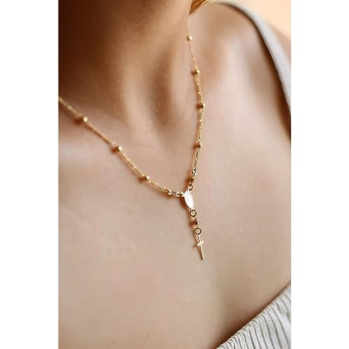 Colar Terço Rosário com Cruz Semi Joia Banhado Ouro 18k - Religioso Católico - Corrente 45cm - Antialérgico - Presente Feminino - Stella Semi Joias