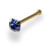 2.5MM Blue Sapphire Genuine Crystal Stone 14ct Solid Yellow Gold 22 Gauge - 6MM Length Nose Bone Nose Stud