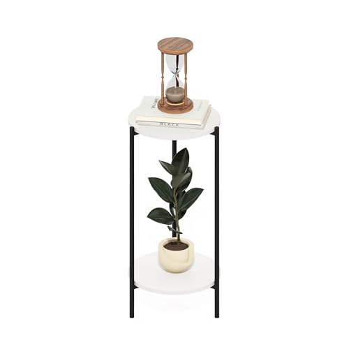 Furinno BESI Side Table, 2-Tier Tall Round End Table with Metal Legs, Metal Frame Night Stand, Bedside Table with Open Shelf, for Living Room, Bedroom, White