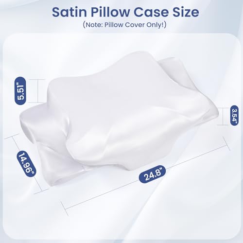 Zelimun Satin Memory Foam Pillowcases, for Neck Pillows, 63 x 38 x 14 cm, Silky Smooth Pillow Case with Zip, White