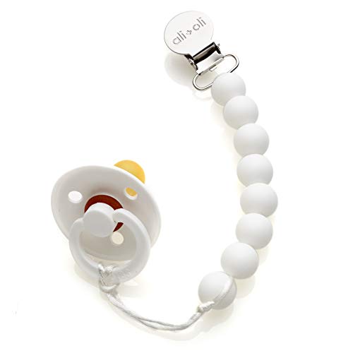 Modern Pacifier Clip for Baby - 100% BPA Free Silicone Beads - Unique WHITE color 2-in-1 Binky Holder for Newborn - Infant Baby Shower Gift - Universal fit MAM - Philips Avent