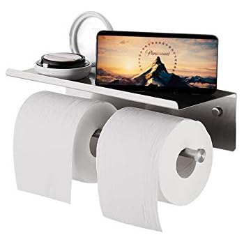 YUMORE Toilet Paper Holder, SUS 304 Stainless Steel Modern Double Roll Tissue Holder with Phone Shelf, Rustproof and Bathroom Washroom Tissue Roll Holder with Stuff Shelf, Brushed Finish