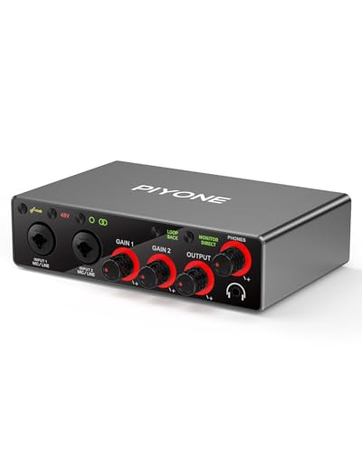 PIYONE 2x2 USB Audio Interface, 24bit/192kHz Studio Sound Card for PC/Mac/iOS, Recording, Podcast, XLR/TRS Input, 48V Phantom, Loopback, Zero Latency Monitoring (Alloy Grey)