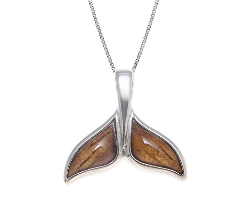 Aloha Jewelry Company925 Sterling Silver Koa Wood Hawaiian Whale Tail Necklace Pendant with 18" Box Chain, Nickel Free Hypoallergenic for Sensitive Skin, Ocean Sea Life, Gift Box Included