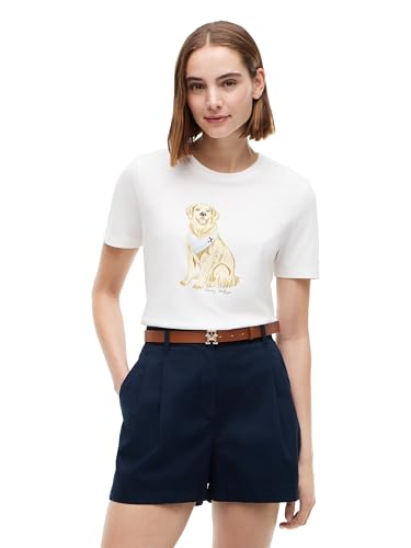 Tommy Hilfiger Women's Dog Crew Neck T-Shirt, Ecru/Breezy Blue Large at Amazon