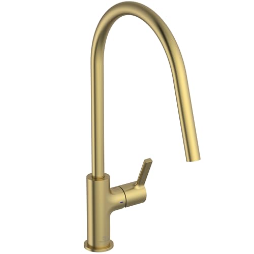 Ideal Standard – Gusto Kitchen tap, High spout with Round Design, with FirmaFlow Cartridge, 360° Swivel spout, Easy to Install with EasyFix+ Fixation, PVD Finish, Brushed Gold