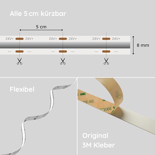 COB LED Streifen 5m Kaltweiss, LED Strip Lights Cold White, LED Band Indirekte Beleuchtung Dimmbar Weiß Deko TV Küche. Inklusive Selbstklebend, Fernbedienung und Netzteil 24V. 480LED/m, 6500K