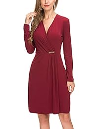 Derminpro - Vestido de oficina de manga larga con cuello en V y rodilla