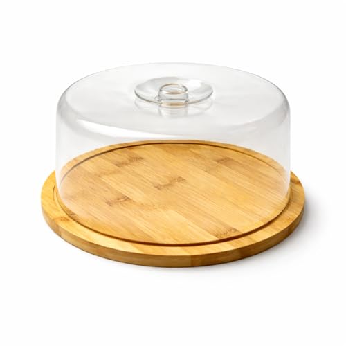 Porta Bolo com Tampa Acrílica 28cm, Boleira de Bambu Redonda | Porta Torta e Doces, Cúpula Transparente