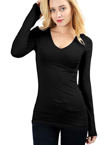 VIIOO Women's Basic Cotton Long Sleeve V-Neck T Shirt Slim Soft Top（Black,L