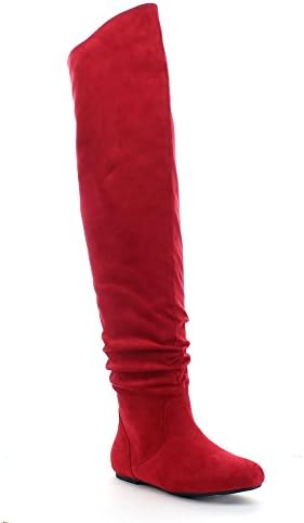 DA VICCINO TOP-01-HI Women's Slouch Size Zipper Flat Tigh High Boots, Color:RED, Size:8
