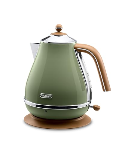 De'Longhi Wasserkocher Icona Vintage KBOV2001.GR - 1,7 l mit Wasserstandsanzeige und 360° Basis,Edelstahl in elegantem Retro Look mit Chrom-Details,2000 W, 23.01 x 23.01 x 26.49 cm,Olive