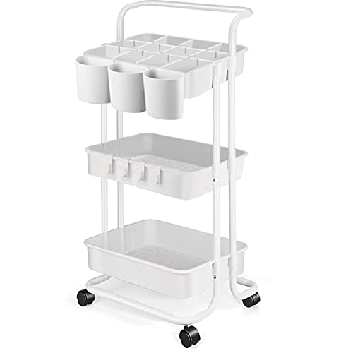 AZMALL 3 TIER UTILITY ROLLING ORGANIZER – STORAGE MAKEUP BABY TRAY CART WITH TROLLEY HANDLES FOR OFFICE BATHROOM BEDROOM (WHITE)
