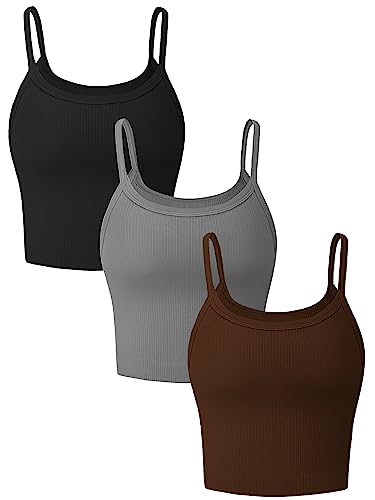 WOMEN’S 3 PIECE RIBBED TANK TOPS SEAMLESS CROP TANKS FOR WOMWN SLEEVELESS SCOOP NECK WORKOUT CAMI TOP – BLACK/GRAY/BROWN M