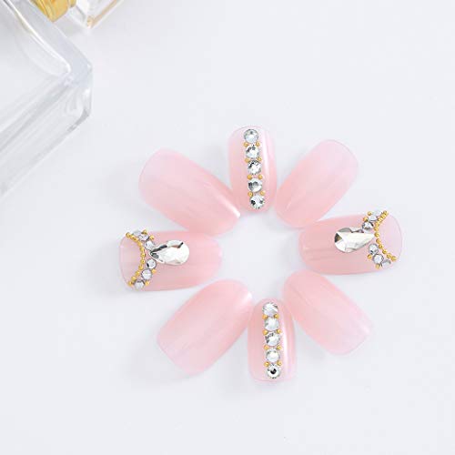 Yalice 24Pcs Pink Glossy False Nails Crystal Full Cover Medium Oval Fake Nails Nude Wedding Party Nail for Women and Girls
