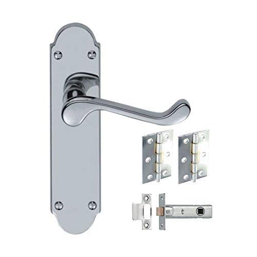 Golden Grace Epsom Design Victorian Scroll Door Handles Lever on Shaped Backplate - Latch Door Pack with Hinges & Latch - Polished Chrome, 7 Sets
