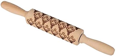 FEKGHJMO Christmas Rolling Pin Engraved Carved Wood Embossed Rolling Pin