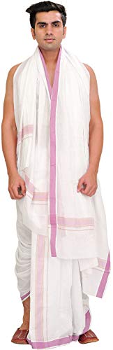 Exotic India White Dhoti and Angavastram Set with Woven Border - Color Cyclamen
