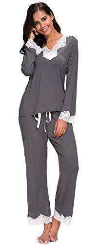 Jusfitsu Womens Cotton Pajamas Set Long Sleeve Top Shirt with Pants Sleepwear Modal Soft Loungewear Lace Grey M - Thumbnail 4