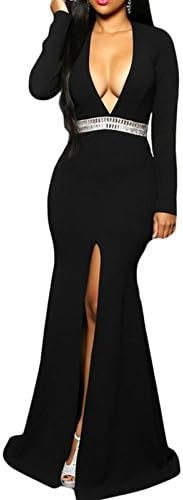 Elady Sexy Night Party Cocktail Midi Dress Women V Slit Clubwear Bodycon Black (M)