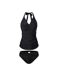 LeonShip Tankini Trajes de baño para dama, dos piezas, cuello en V, control de abdomen, acolchado, talla grande, color negro (FBA)