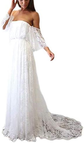 Umissy Women's Vintage Lace Long Beach Wedding Dresses Bohemian Bridal Gowns