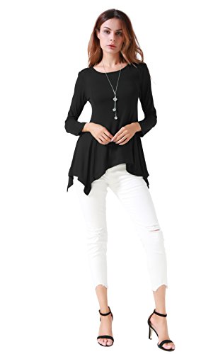 Invug Women Long Sleeve Zigzag Skirted Hem Casual Soft Stretchy Blouse T Shirt Black XL - Thumbnail 2