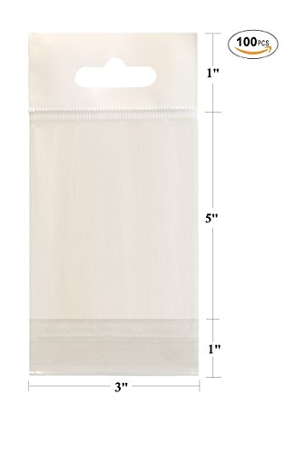 N'ice Packaging 100 Pcs White Hanging Header Clear Flat Cello/Cellophane Bags Good for Candies, Cookies, Bakery Goods, Soap, Other Goodie Treats (3" x 5" (76.2 x 127mm))