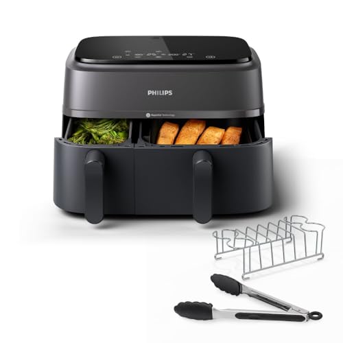 Philips Airfryer Serie 3000 con doppio cestello - Friggitrice ad aria da 9L, Rapid Air, 99% di grassi in meno, kit colazione, risparmio energetico, ideale per tutta la famiglia, HomeID (NA350/03)