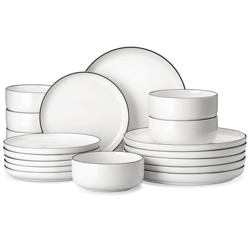 MALACASA LUNA Crockery Set for 6 People, 18-Piece White Porcelain Dinner Service with Black Rim, Modern Dinner Set with 6 Dinner Plates, Dessert Plates and Cereal Bowls