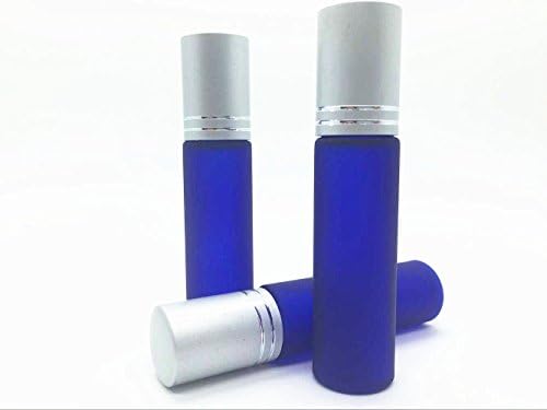 Frosted Glass Roll on Bottles 10 ml (1/3 oz) Blue Glass Refillable Travel Perfume Bottles with Stainless Steel Roller Ball and Brushed Aluminum Cap, Using for Essential Oil and Perfume (Set of 6)