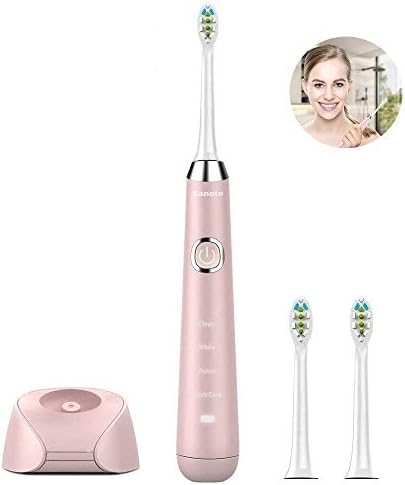 Sonic Electric Toothbrush, Sanoto IPX7 Waterproof Wireless Rechargeable Toothbrush with 2 Replacement Brush Heads, 4 Brushing Modes, 2 Min Smart Timer, Charging Base Included