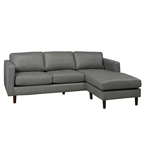 Mid Century Modern Grey Top Grain Leather Tufted Sectional Sofa 88 X
