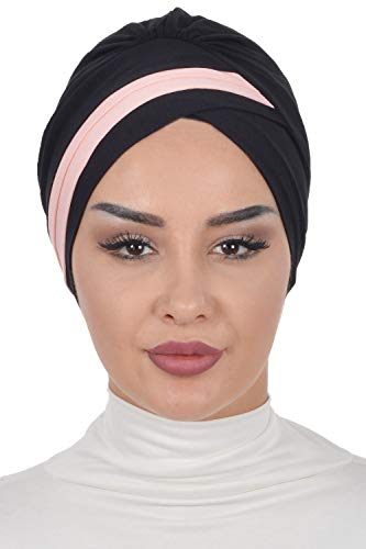 Instant Turban Cotton Scarf Head Wrap Cancer Chemo Headwear Two Colored Black - Thumbnail 5