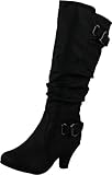 Top Moda Womens Bag-55 Knee High Buckle Slouched Kitten Heel Boots