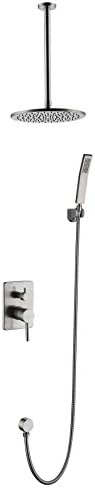 Full Brass Bathroom Rain Shower Systems Ceiling Mounted Bathroom Shower Faucet Set 9.8" Circular Shower Head + Hand Shower Spray,Brushed Nickel