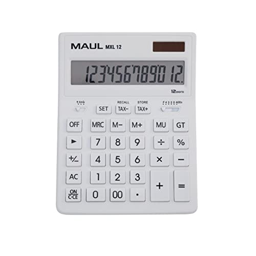 MAUL Commercial Calculator MXL12 | 12 Digits | Includes Tax Calculation | Angled Display | Large Professional Desktop Calculator | Solar Powered | Includes Battery | 20.5 x 15.5 cm | White