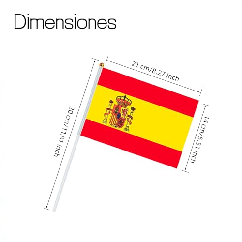 16 Pieces Hand Flag Spain Stick with Small Flag 30 cm – Ideal for World Cup, European Cup, Sports Events, Celebrations, Parades, National Parties and Entertainment