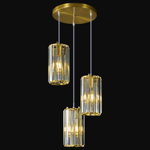 ZPBSJ Gold Crystal Chandelier, Hanging Dining Room Lamp, Nightstand Lamp, Flexible Adjustable Height, Ideal for Dining Room, Living Room and Kitchen Islands (3 Lights Gold)