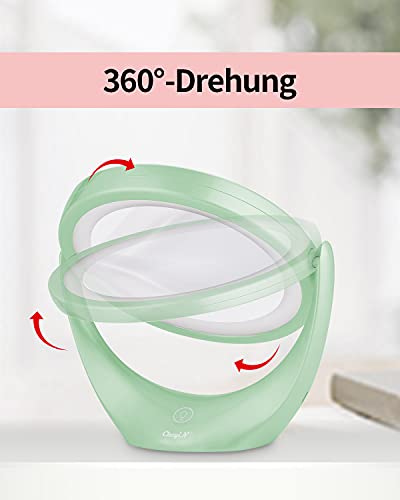 CkeyiN LED Spiegel für Schminkspiegel mit Beleuchtung Doppelseiten 1x / 5X Vergrößerung Kosmetikspiegel,360 °Schwenkbar, USB Aufladbares, Make up Spiegel für Zuhause und Unterwegs (Grün)