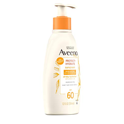 AVEENO PROTECT + HYDRATE SUNSCREEN MOISTURIZING LOTION WITH PREBIOTIC OAT, BROAD SPECTRUM SPF60, PARABEN, & OIL FREE, WEIGHTLESS, WATER & SWEAT RESISTANT (80-MIN) FOR SENSITIVE SKIN, 12 FL OZ