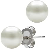 Belacqua AAA Quality Cultured Freshwater Button Pearl Stud Earriings in 14K White Gold, Pink,Black or White Color, Size - 5.5-10.5mm, Push Back - Clasp, Real Pearl Jewelry for Women, Gift Box Included