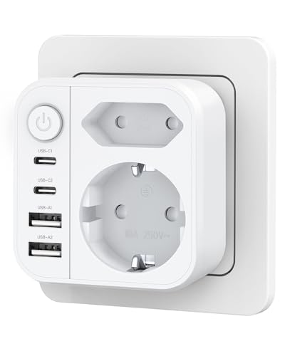 OUFUYU 6-in-1 Multiple Socket, Multi Socket with 2 USB A & USB C Ports, Wall Socket with Switch (4000W/16A), Dual Socket for Home/Office/Travel