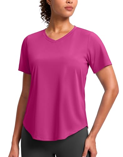 Womens Workout Shirts V-Neck Short Sleeve Sun Shirt, Rose Red, L at Amazon