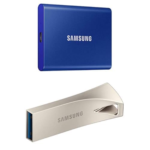 Samsung T7 Portable SSD 2TB External Solid State Drive (MU-PC2T0H/AM, Blue) and BAR Plus 3.1 USB Flash Drive (MUF-128BE3/AM, Champagne Silver) - Storage Bundle for Gaming, Photos, Videos, Music