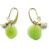 Mother of Pearl White Lily of the Valley Floral Earrings Gold Filled Vintage Small Light Green Leaf