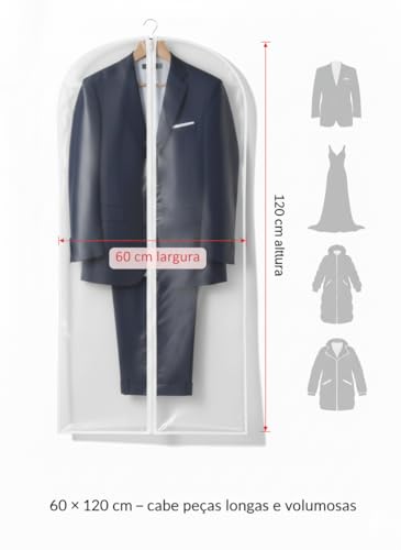 Kit 3 Capas Protetoras de Terno, Vestido e Cosplay 60x120cm Anti-Mofo e Umidade com Zíper – Visor Fosco PEVA + Traseira Respirável TNT