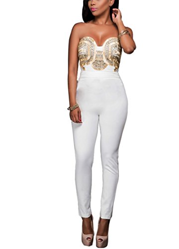 Engood Women's Strapless Backless Sequins Bodycon Long Party Jumpsuit Rompers Dress White L