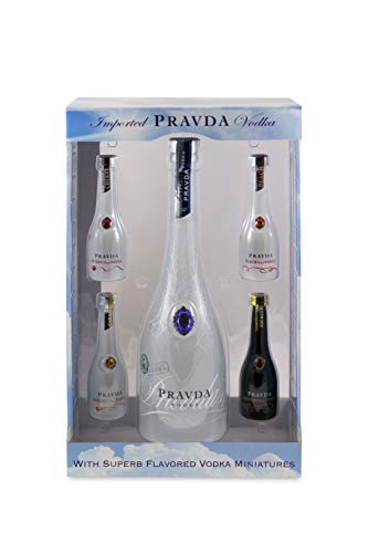Pravda Wodka Geschenkset mit 4 verschiedenen flavored Miniaturen zum verschenken und sammeln (1 x 0.7 l + 4 x 0.05 l)